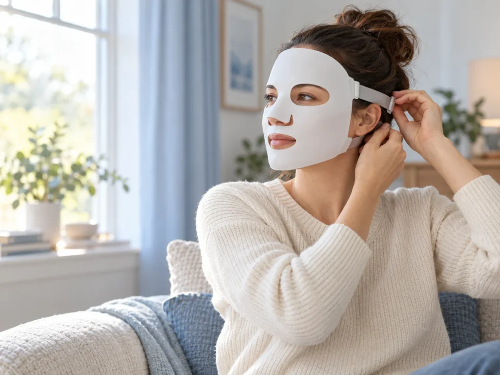 An adult woman adjusting the strap of an unbranded LED mask while seated by a window