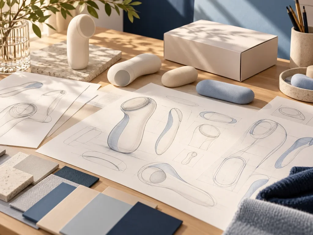 Design sketches, material swatches and foam mockups on a sunlit product planning desk