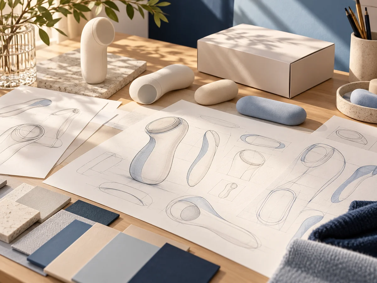 Design sketches, material swatches and foam mockups on a sunlit product planning desk