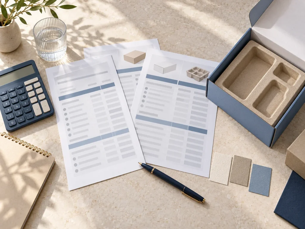 Quotation worksheets, calculator and a plain packaging sample arranged on a procurement desk