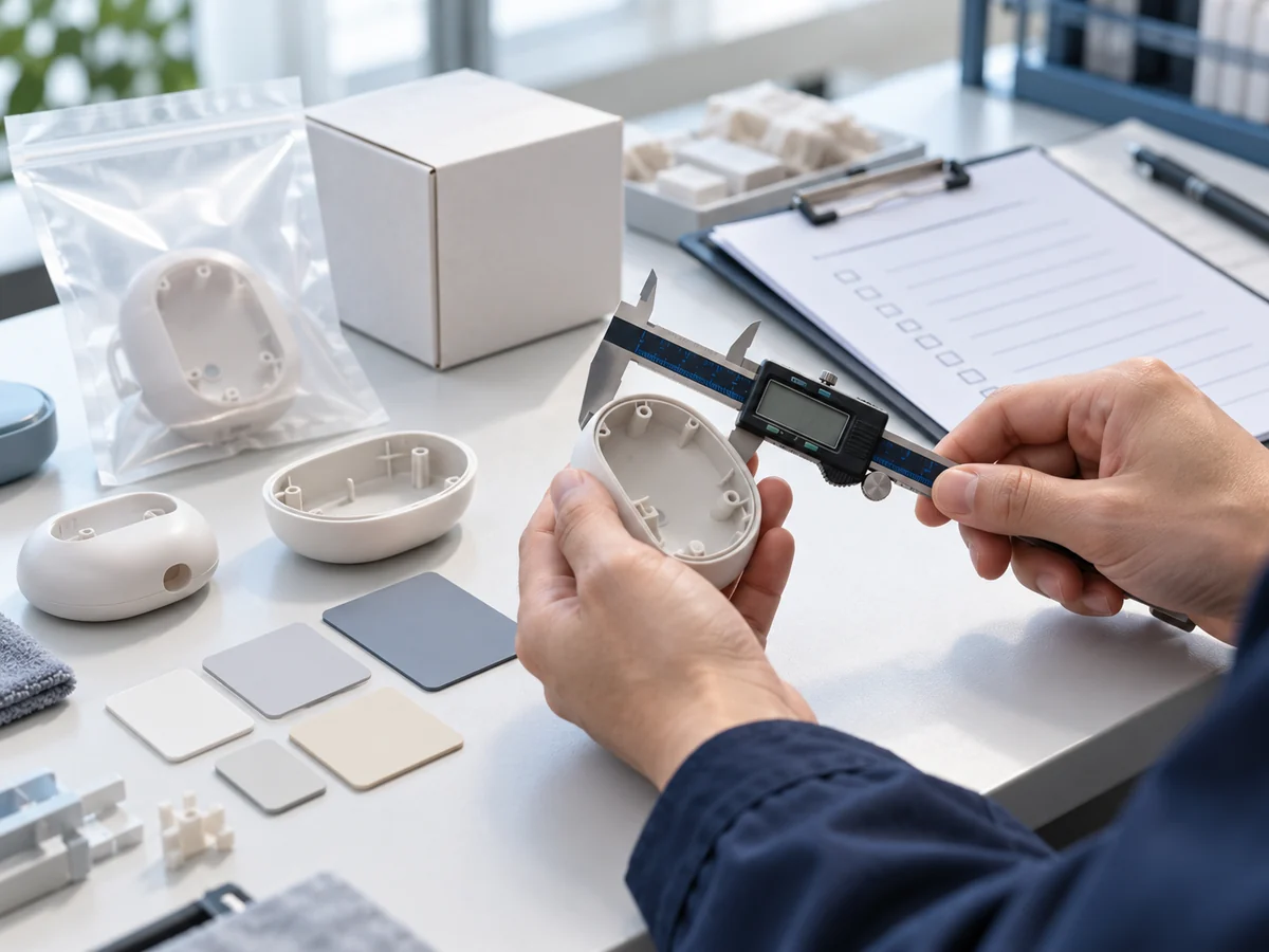 Hands comparing a small plastic enclosure with a caliper beside reference samples and an inspection checklist