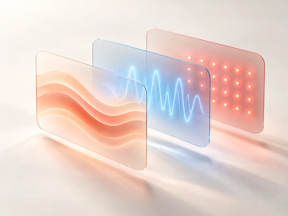 Abstract panels with warm waves, a blue electrical waveform and a grid of light points