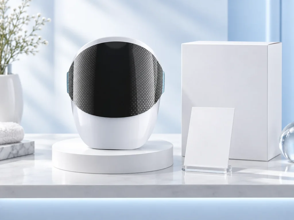 AI editorial still life featuring BINZIM beauty devices — beauty-retail-merchandising