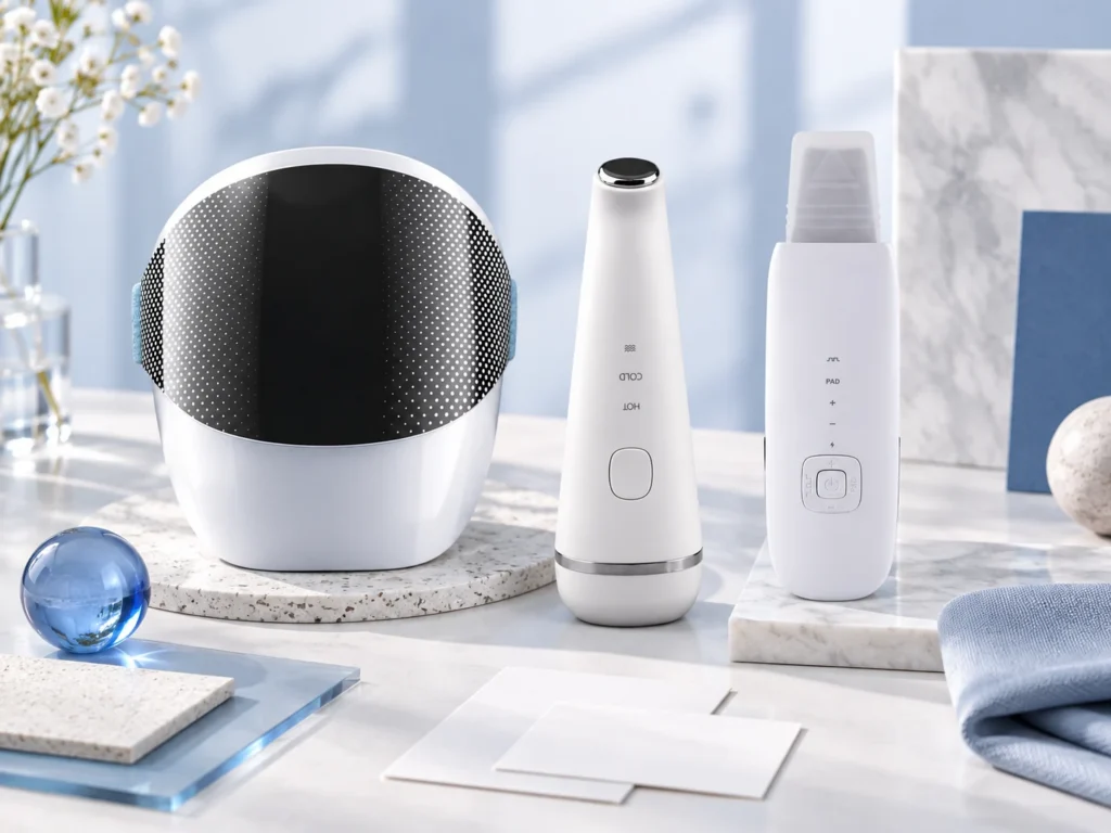 AI editorial still life featuring BINZIM beauty devices — cosmotrends-selection