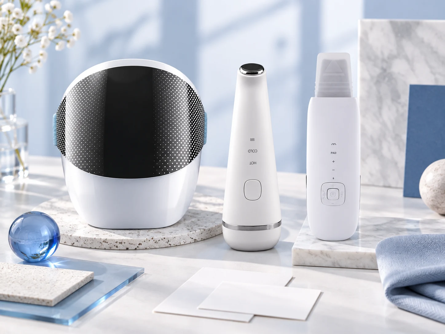 AI editorial still life featuring BINZIM beauty devices — cosmotrends-selection