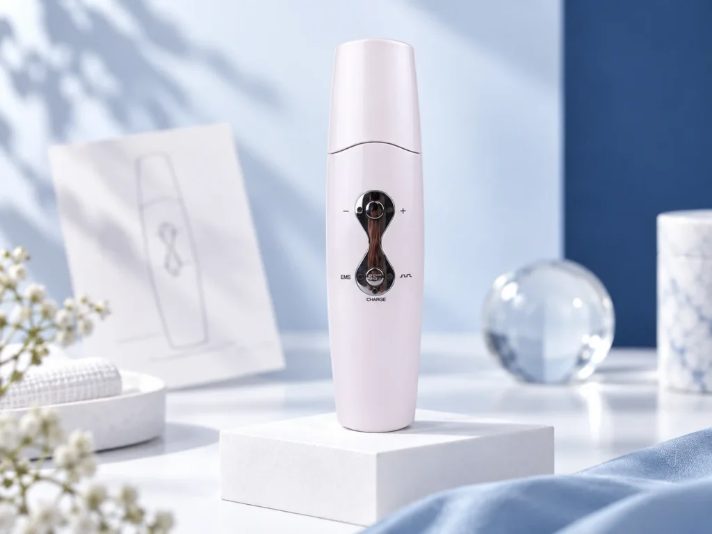 AI editorial still life featuring BINZIM beauty devices — ems-contact-design