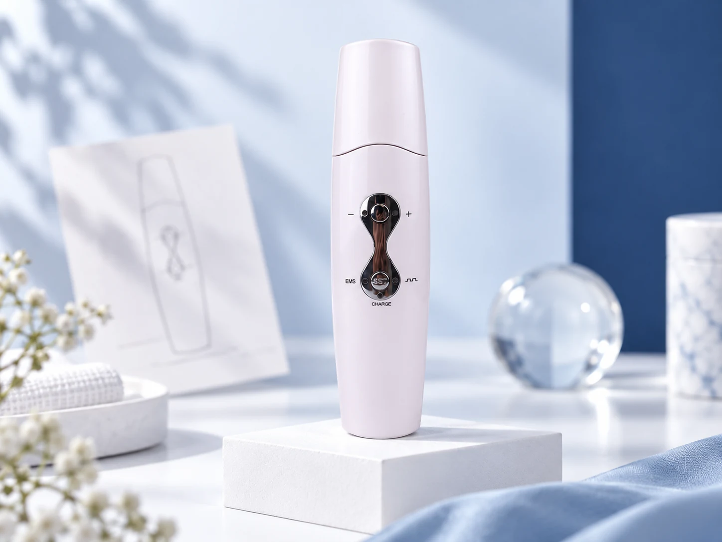 AI editorial still life featuring BINZIM beauty devices — ems-contact-design