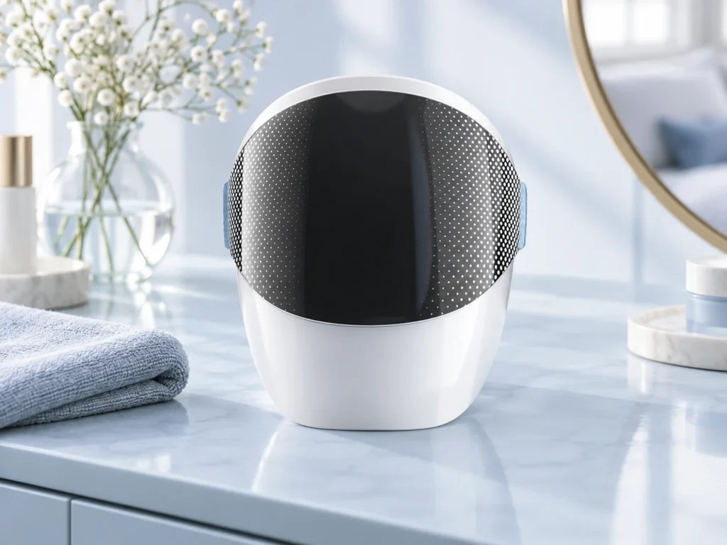 AI editorial still life featuring BINZIM beauty devices — led-wearability