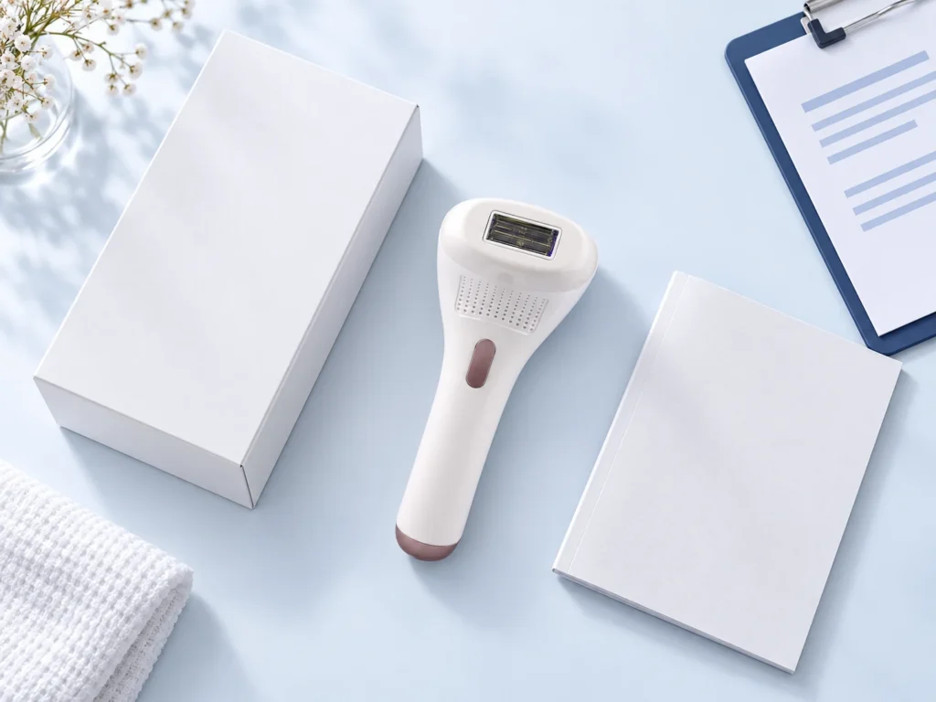 AI editorial still life featuring BINZIM beauty devices — product-traceability