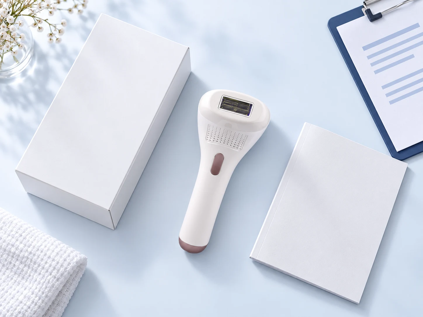 AI editorial still life featuring BINZIM beauty devices — product-traceability
