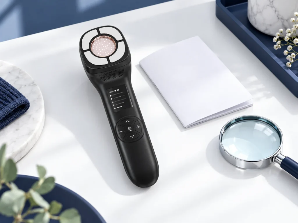 AI editorial still life featuring BINZIM beauty devices — rf-category-boundaries