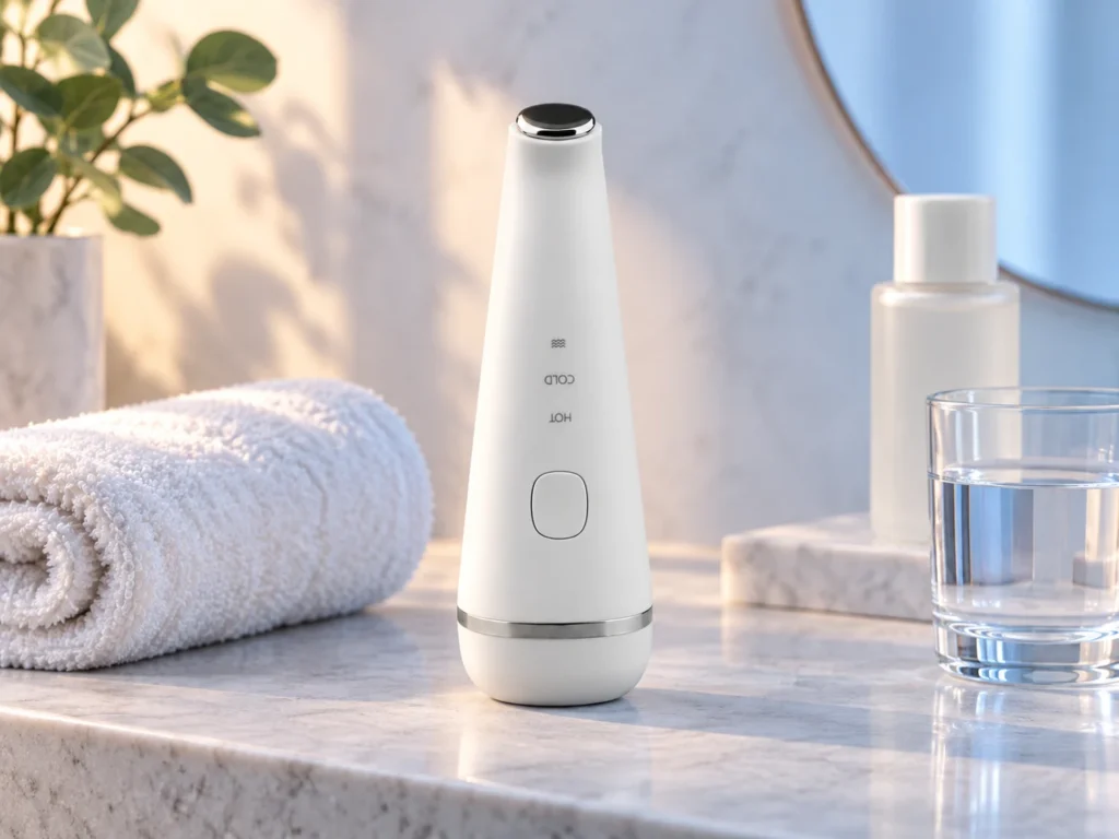 AI editorial still life featuring BINZIM beauty devices — thermal-routine